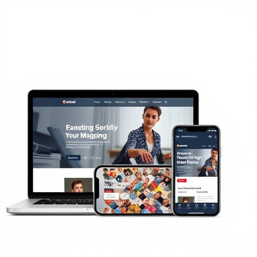 Interface d'un site web responsive affichée sur un ordinateur portable, une tablette et un smartphone